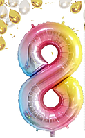 Фольгована цифра 8 градієнт райдужний, куля фольгована райдужна 100 см