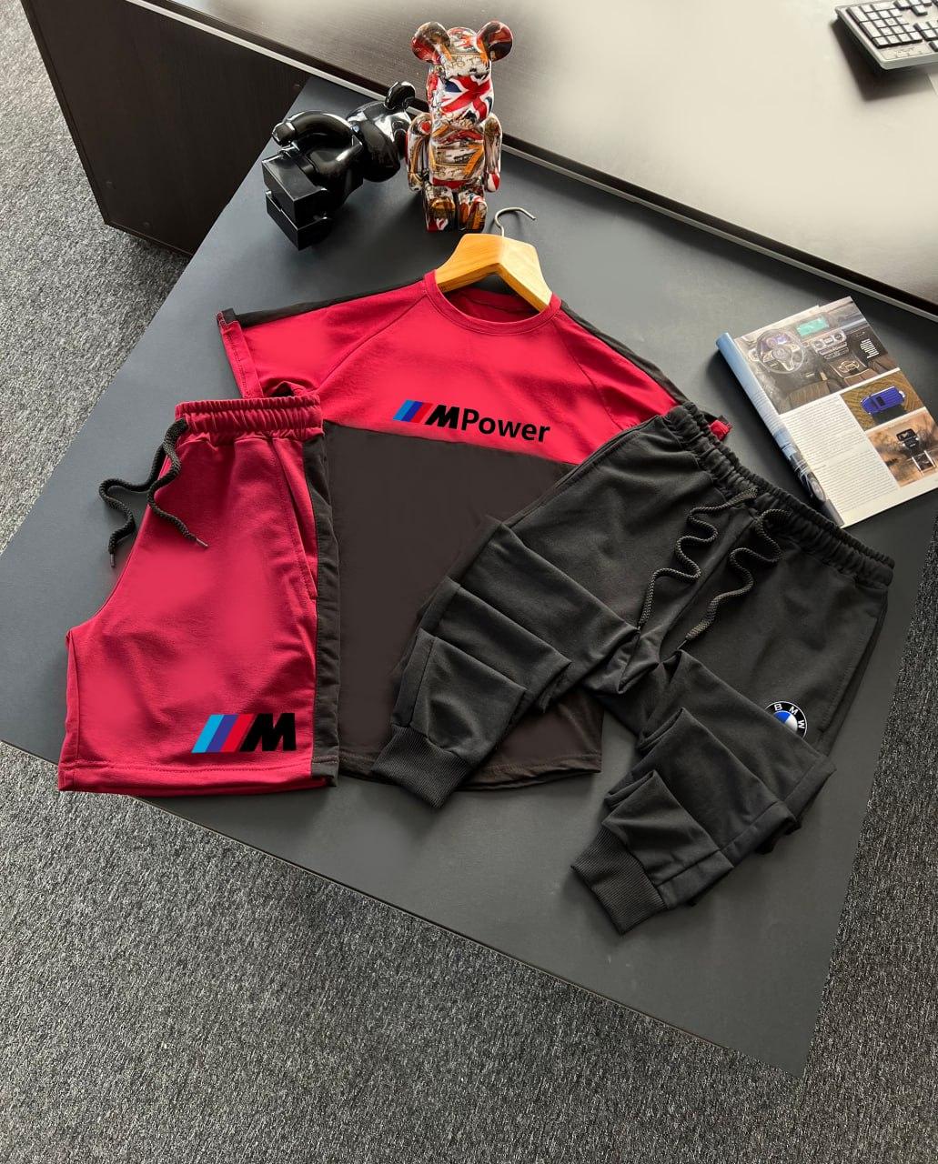 Чоловічий костюм літній Футболка + Шорти + Штани BMW Motorsport чорний із білим Комплект БМВ на літо