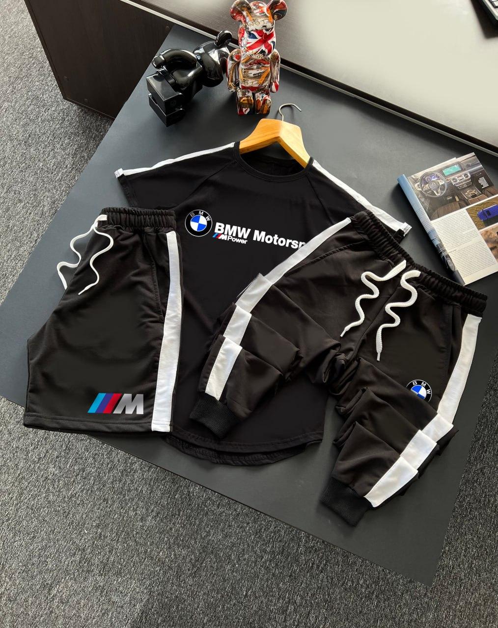 Чоловічий костюм літній Футболка + Шорти + Спортивні штани BMW Motorsport чорний Спортивний костюм БМВ на літо