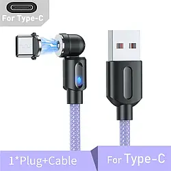 Магнітний кабель USB Type-C для заряджання 360°+180° Фіолетовий, 1 метр, 2.1A