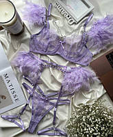 Женское сексуальное белье с кружевом и перьями комплект 4 в 1 лаванда бюстгальтер + трусики + пояс + гартеры