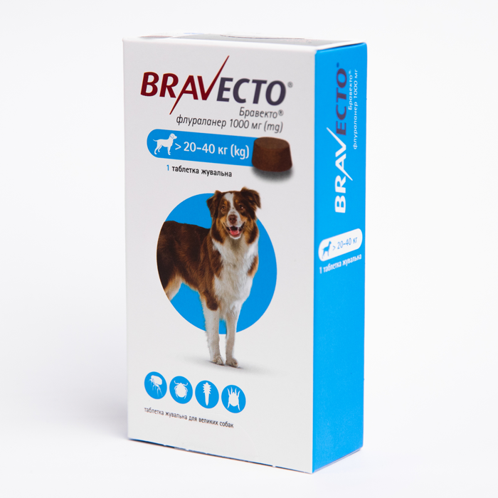 Bravecto БРАВЕКТО таблетка від бліх та кліщів для собак та цуценят 20-40 кг, 1000 мг флураланер, фото 1
