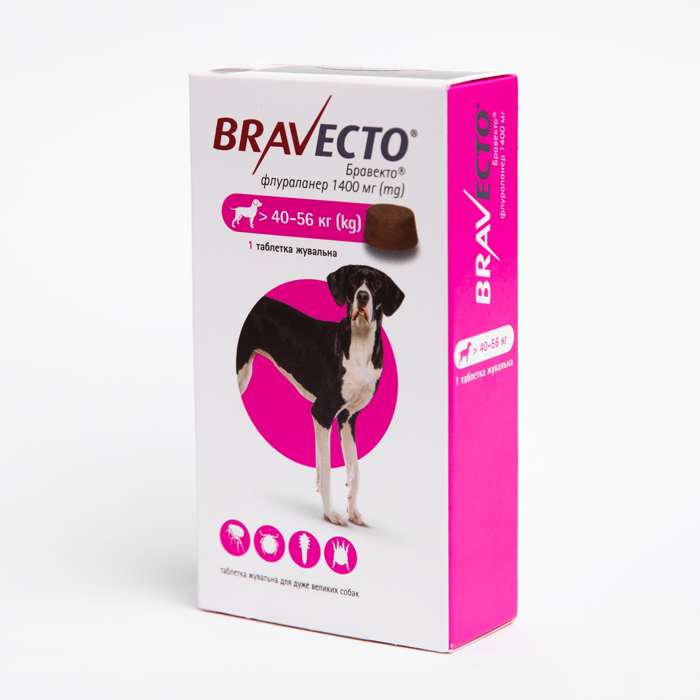 Bravecto БРАВЕКТО таблетка від бліх та кліщів для собак та цуценят 40-56 кг, 1400 мг флураланер, фото 1
