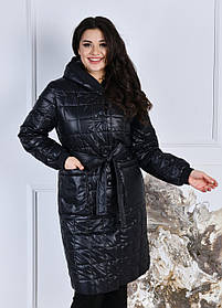 Куртка чорна стьобана зі стьобаної плащової тканини на весну та осінь по коліно розмір від 46 до 56