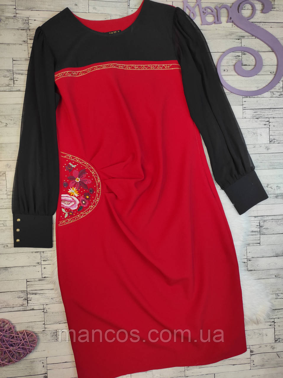 Жіноча сукня Dea Dia червона з чорним прикрашена вишивкою та стразами рукав шифон Розміри 48 L 52 XXL