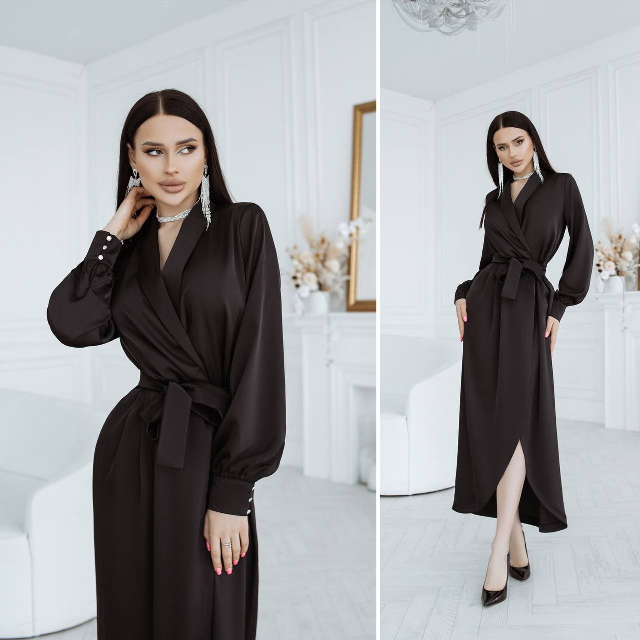 Сатинове плаття-халат Люкс чорне (різні кольори) XS S M L