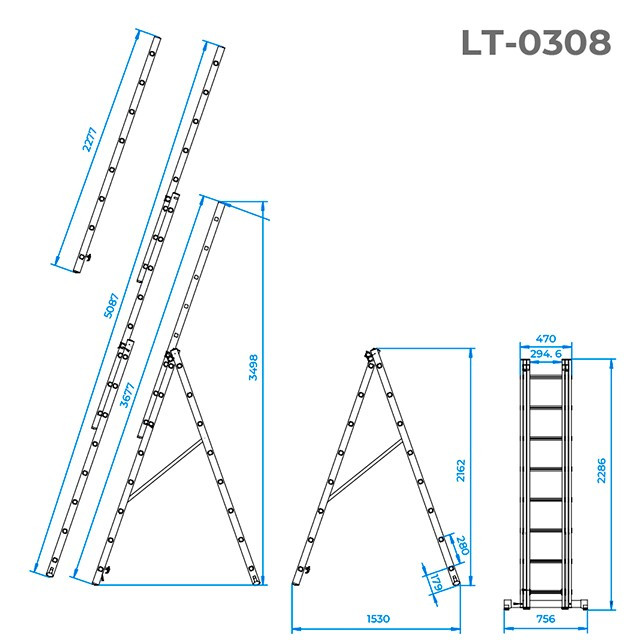 Драбина з алюмінію, 3-секційна універсальна розкладна, 3х8 сход., 5,09 м INTERTOOL LT-0308 - фото 4 - id-p1811121554