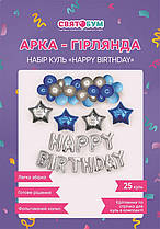 Арка-гірлянда з повітряних куль із написом "Happy Birthday" блакитна зі сріблом