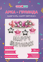 Арка-гірлянда з повітряних куль з написом "Happy Birthday" рожева зі сріблом