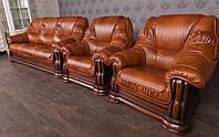 Комплект шкіряних м'яких меблів "Grizli" розкладний диван і два м'яких крісла "Гризлі"