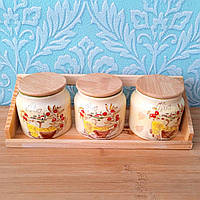 Банки для сипких продуктів  ⁇  Ємність для чаю  ⁇  Набір банок на дерев'яній підставці 3 шт.