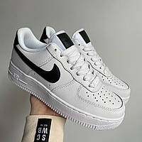 Женские белые с черным кожаные кроссовки Nike Air Force 1 . Найк аир форс