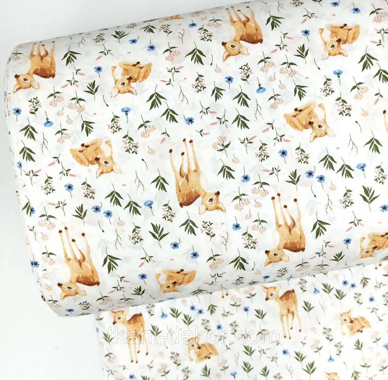 Сатин (бавовняна тканина) Оленя у квітах (0,65*160см, 120г/м2), фото 1