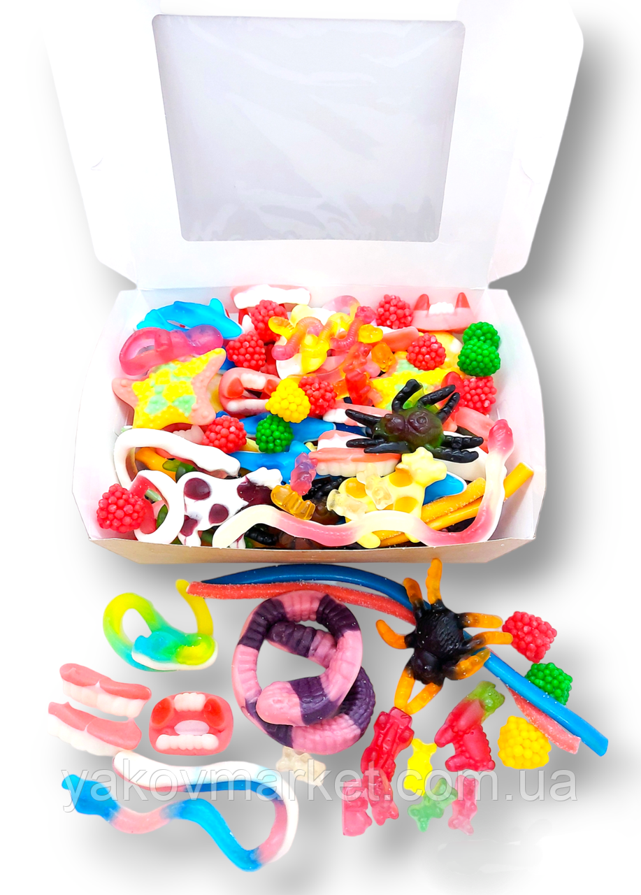 1 кг желейних цукерок — Подарунковий Світ Бокс із жувальними цукерками: Тролі, дроти, стрічки