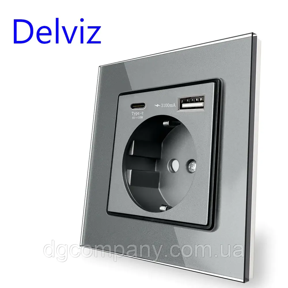 Розетка Delviz з USB-A USB-C, скло, 18 Вт, 3100mA, колір графіт, фото 1