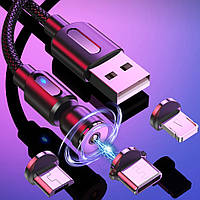 Усиленный Магнитный кабель 2 метра Чёрный, 3 в 1(Lightning(iPhone), micro USB, T-C) 540° для зарядки, 2.4A