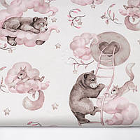 Бязь "Мишки и белочки на облаках" розовые на белом фоне, №4643