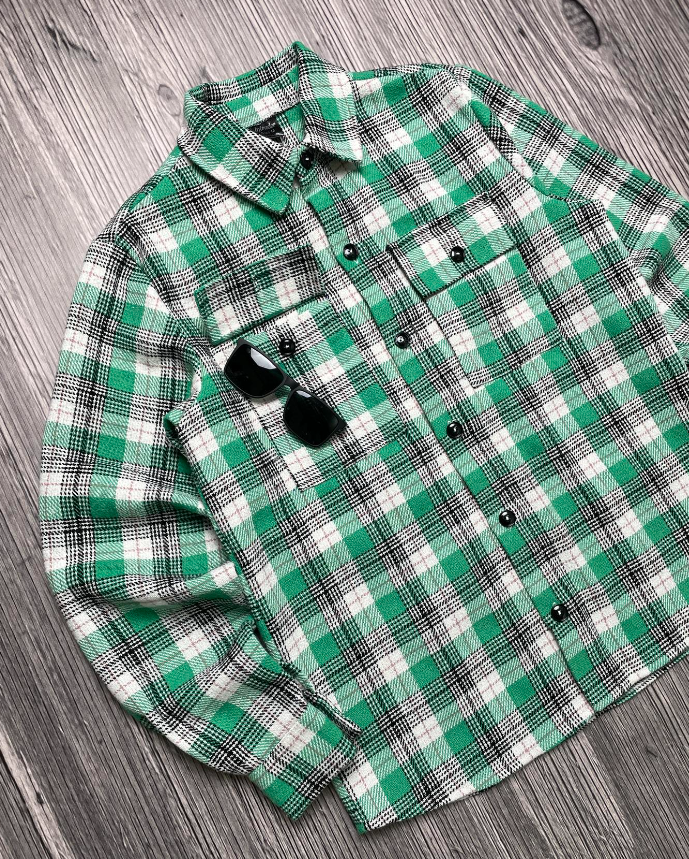Тепла якісна стильна байкова зелена сорочка в клітку, фото 1