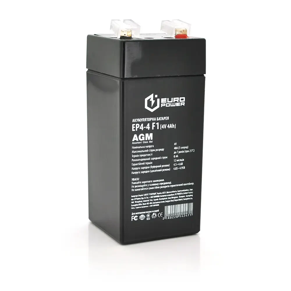 Акумуляторна батарея EUROPOWER AGM EP4-4F1 4 V 4 Ah ( 47 x 47 x 100 (105) ) Black