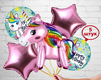 Набор фольгированных шаров Единорог с розовыми звездами, комплект надувных шаров с фольгированной фигурой 5 шт