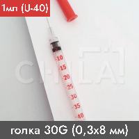 Шприц инсулиновый 1мл (U-40) с интегрированной иглой 30G (0,3х8мм) 100 шт/уп, MedPlast