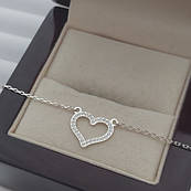 Кольє срібне з підвіскою серцем та фіанітами на ланцюжку