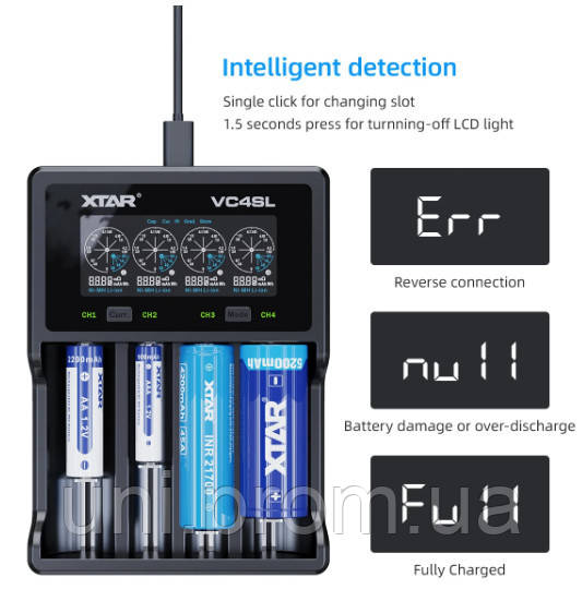 Зарядний тестер XTAR VC4SL до АКБ АААА 18650 21700 26650 тип C QC3.0, фото 1