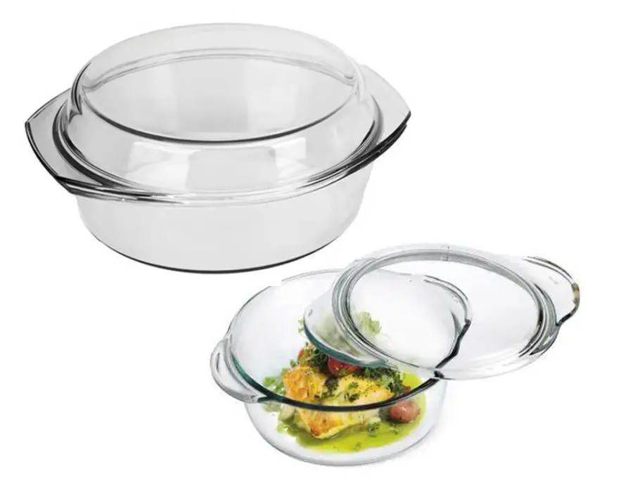 Каструля скляна для запікання 1.5 л Кругла з кришкою, жароміцний посуд для мікрохвильової печі, духовки, фото 1