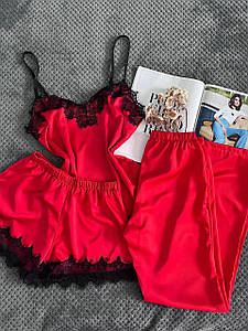 Жіноча шовкова піжама трійка майка шорти штани червона