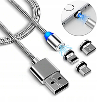 Магнитный кабель 3в1 (Type-C,USB, Lightning), 1м, в тканевой обмотке, Серебристый / Шнур для зарядки с переходниками