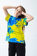 Футболка з патріотичним принтом для дівчинки в синьо-жовтому кольорі з матеріалу кулір р. 104-170