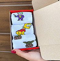 Подарунковий набір шкарпеток для дівчат на 3 пари 36-41 р з героями мультфільмів білі демісезонні та високі