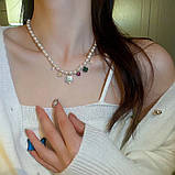 Підвіска Чокер Перлинне намисто з чотирилисним конюшиною зеленим і цирконій для модної дівчини для удачі, фото 2