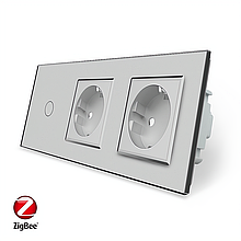 Розумний сенсорний ZigBee вимикач 1 сенсор 2 розетки Livolo сірий скло (VL-C701Z/C7C2EU-15)