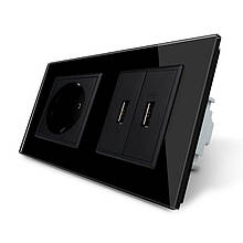 Розетка з заземленням з 2 USB розетками Livolo чорний скло (VL-C7C1EU2USB-12)