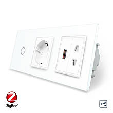 Розумний сенсорний прохідний вимикач 1 сенсор 1 розетка 1 USB 1 розетка універсальна Livolo білий скло (VL-C701SZC1EU1USBC1A-11)