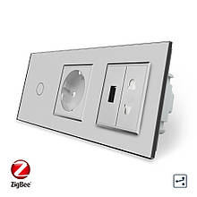 Розумний сенсорний прохідний вимикач 1 сенсор 1 розетка 1 USB 1 розетка універсальна Livolo сірий скло (VL-C701SZC1EU1USBC1A-15)