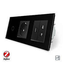 Розумний сенсорний прохідний вимикач 1 сенсор 1 розетка USB 1 розетка універсальна Livolo чорний скло (VL-C701SZC1EU1USBC1A-12)