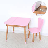 Детский деревянный столик и стульчик с ушками зайчика розовый (с ящиком под столешницей)
