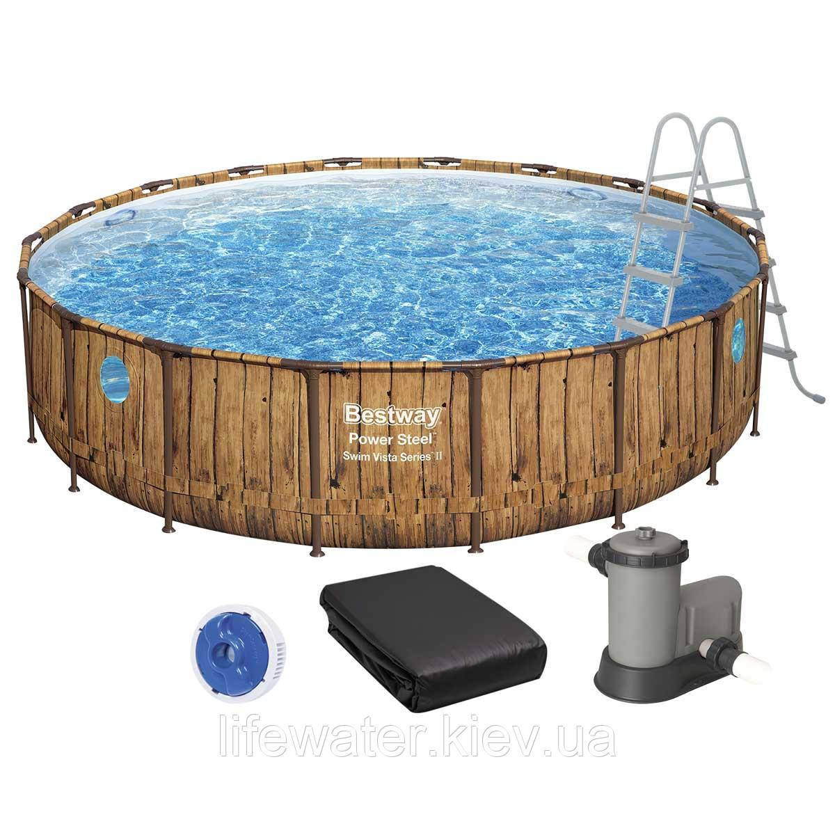 Bestway Каркасний басейн Bestway Дерево 56977 (549х122 см) з картриджним фільтром, драбиною та захисним тентом