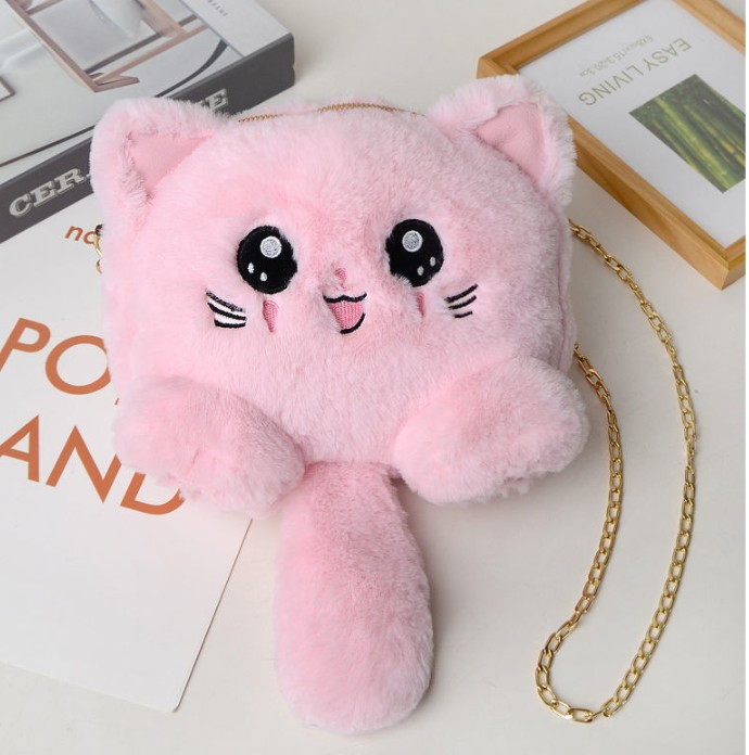 Плюшева сумка Кошеня, жіноча сумка-месенджер із ланцюжком на одне плече зі штучного хутра., фото 1