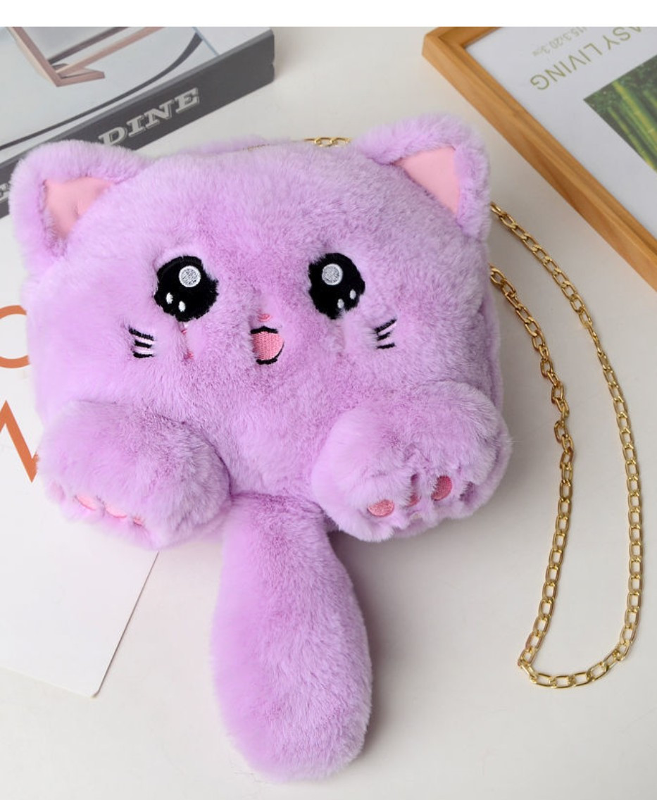 Плюшева сумка Кошеня, жіноча сумка-месенджер із ланцюжком на одне плече зі штучного хутра., фото 1