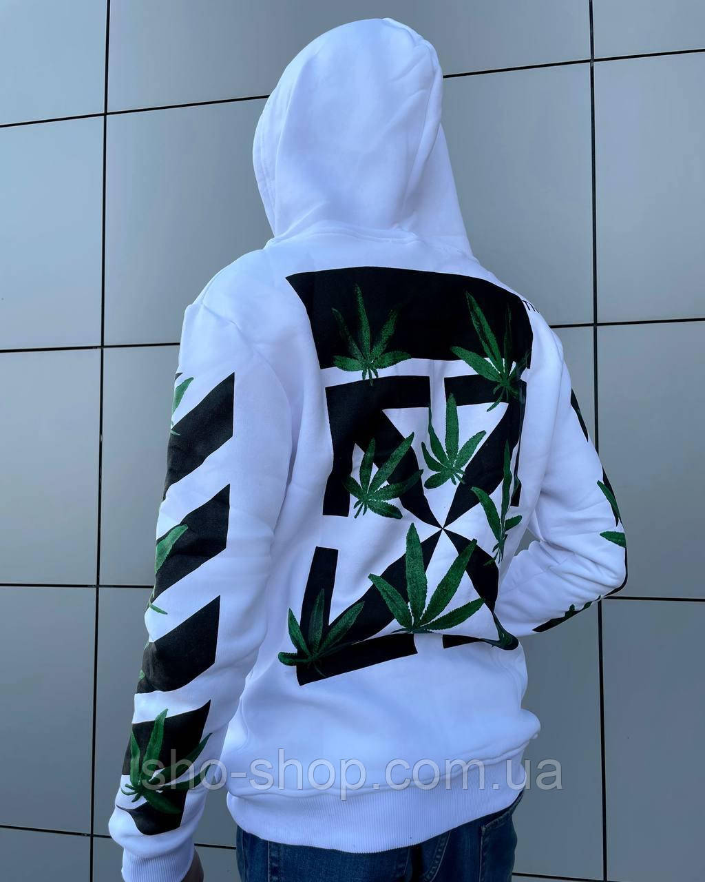 Утеплений худі OFF-WHITE CANNABIS White білий худак офф вайт на флісі, фото 1