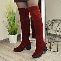 Ботфорты женские замшевые на устойчивом каблуке, цвет бордовый. 39 размер