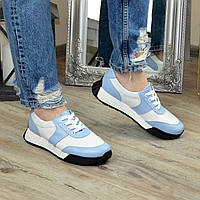 Кроссовки кожаные женские на шнуровке. Цвет голубой, белый. 39 размер