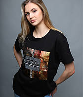 Черная женская футболка летняя (стразы), футболки для женщин трикотажные
