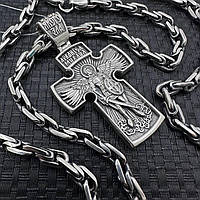 Серебряная якорная граненая цепочка и двусторонний крест с Михаилом и распятием чернение