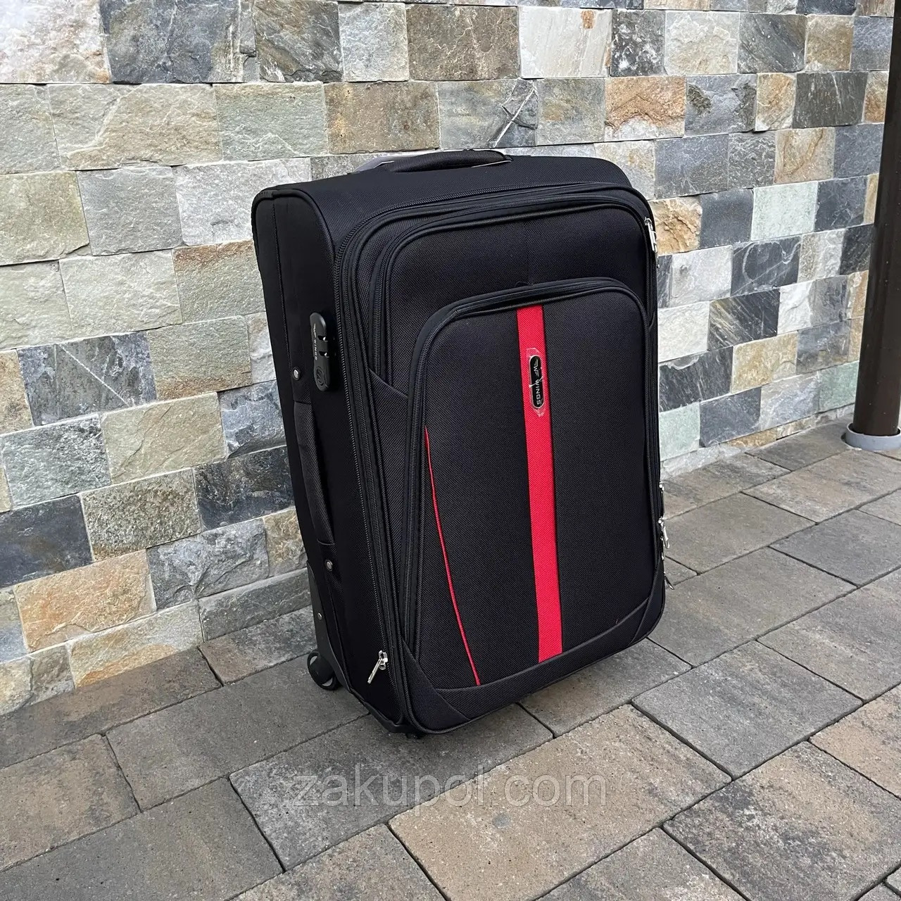 Дорожня валіза Wings 1706 тканинна на 4 колесах, середній чорний, фото 1