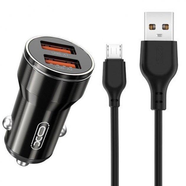 Автомобільне зарядне пристрій + кабель MicroUSB XO CC48 Smart Metal 2USB, 2.4A Чорний
