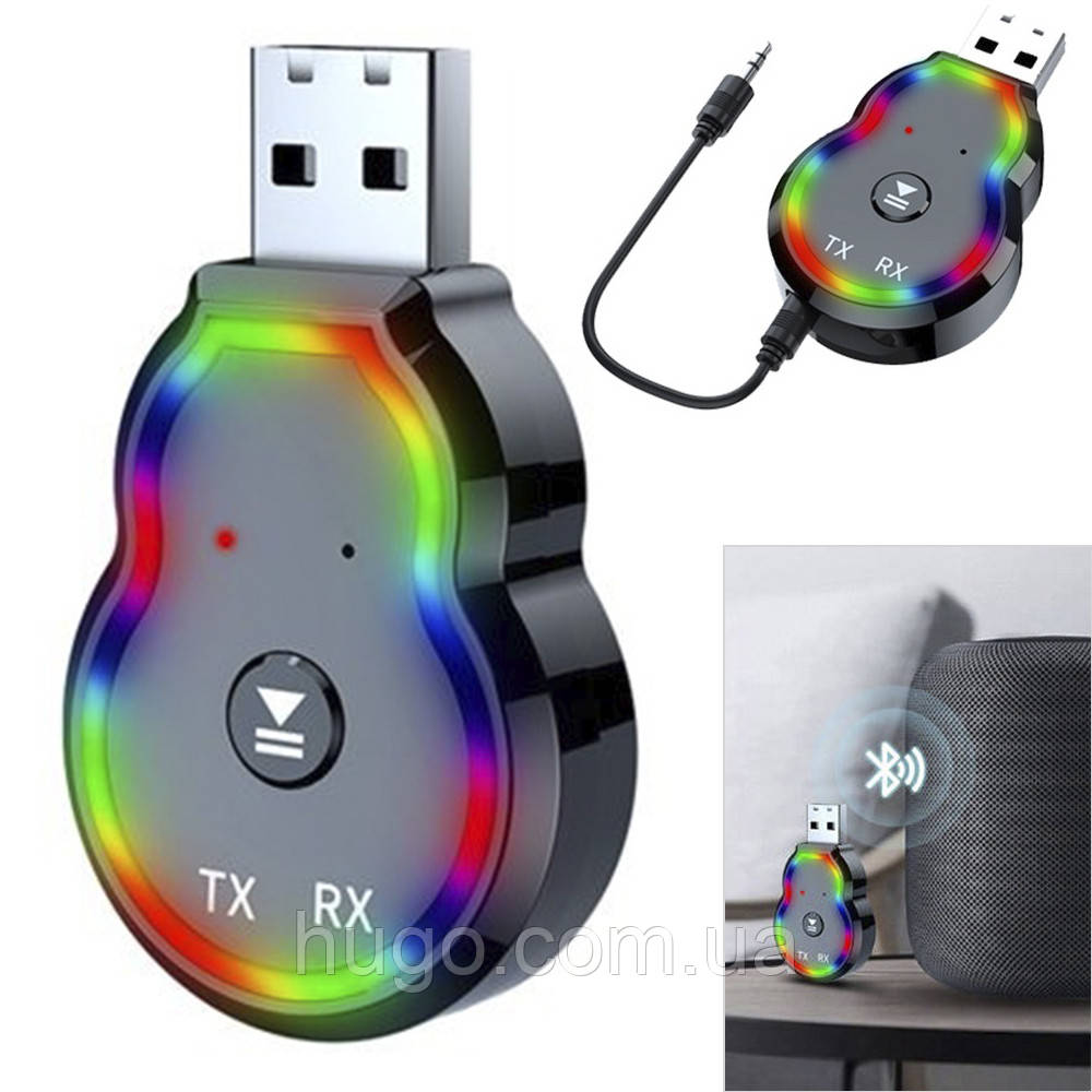 Bluetooth (5,3) аудіоадаптер для автомобіля 2в1 з RGB підсвічуванням Q2/ Приймач-передавач звуку/ Блютуз ресивер